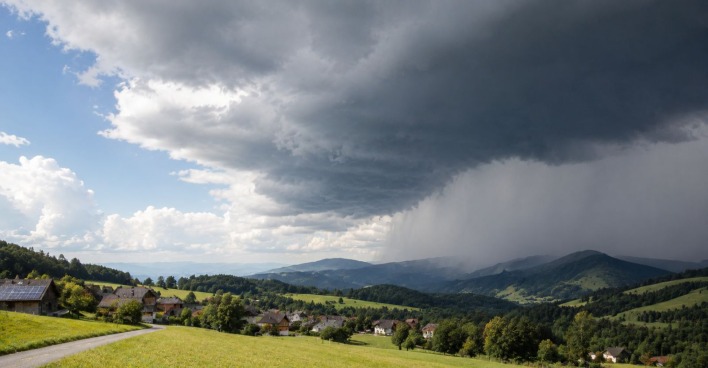 Gewitter über Österreich mit dunklen Wolken und Starkregen über einer österreichischen Landschaft