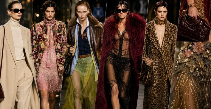 Models in herbstlichen Looks mit Leopard, Samt, floralen Mustern und Layering als Modetrends im Herbst 2026.