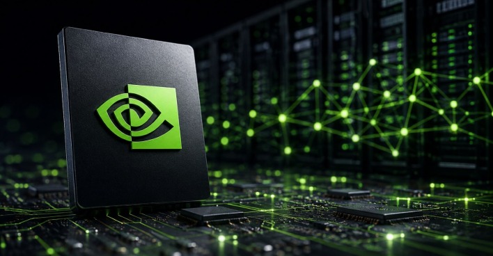 Nvidia Chip vor Servern und KI-Netzwerk als Symbol für den KI-Boom und die mögliche Übernahme von Hugging Face