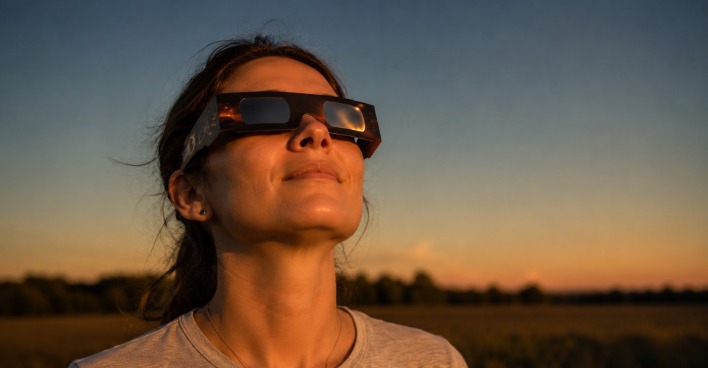 Frau beobachtet partielle Sonnenfinsternis mit Sonnenfinsternisbrille