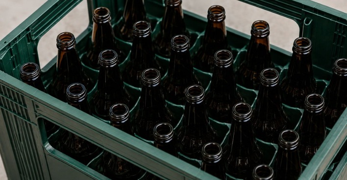 Bierkiste mit leeren Bierflaschen als Symbolbild für einen Pfandbetrug mit 91 Euro in der Steiermark.