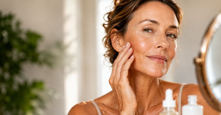 Frau mit reifer Haut bei ihrer Hautpflege vor dem Spiegel zum Thema Skin Longevity.