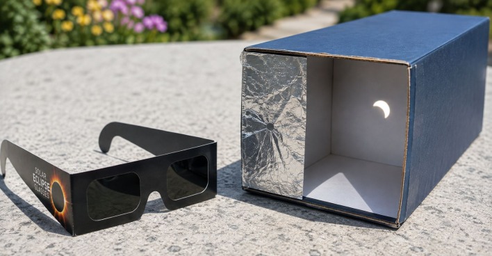 Sonnenfinsternis-Brille und selbst gebaute Lochkamera zur indirekten Beobachtung einer partiellen Sonnenfinsternis.