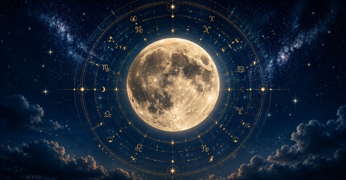 Vollmond vor einem astrologischen Kreis mit Tierkreiszeichen am nächtlichen Sternenhimmel