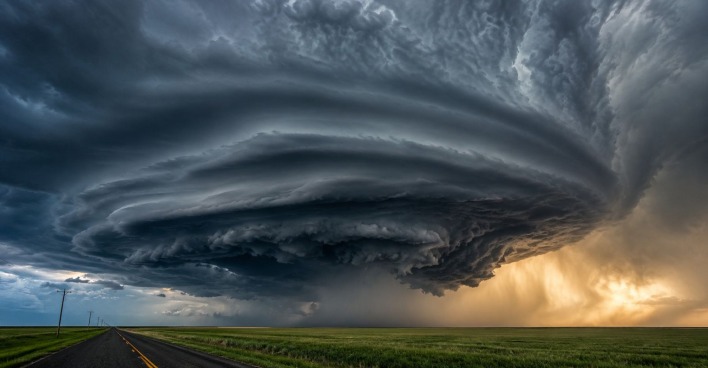 Mächtige Superzelle mit rotierender Gewitterwolke über einer Landschaft