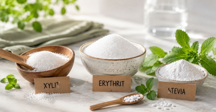 Xylit, Erythrit und Stevia als Zuckerersatz im direkten Vergleich