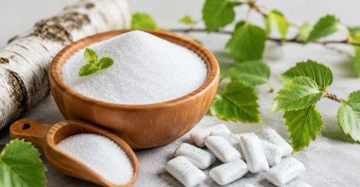 Xylit in einer Holzschale mit Birkenzweigen und zuckerfreiem Kaugummi