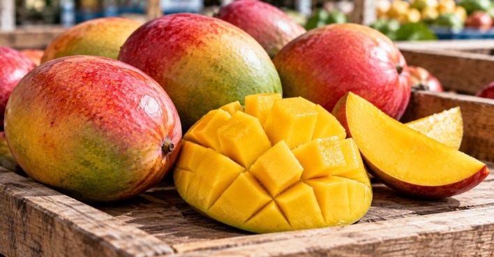 Frische Mangos auf einem Verkaufsstand, Gegenstand des aktuellen AGES-Rückrufs