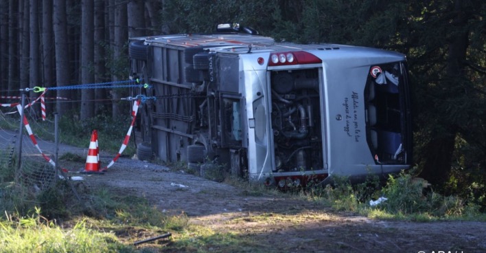 Ein umgekippter Bus liegt neben einem Waldrand