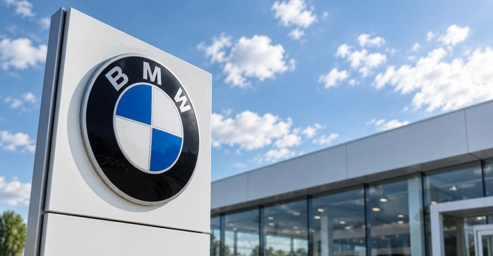 BMW-Schild vor einem Autohaus unter blauem Himmel als Symbolbild für die Insolvenz der Wahl-Gruppe. KI-generiertes Symbolbild. BMW selbst ist nicht von der Insolvenz betroffen.