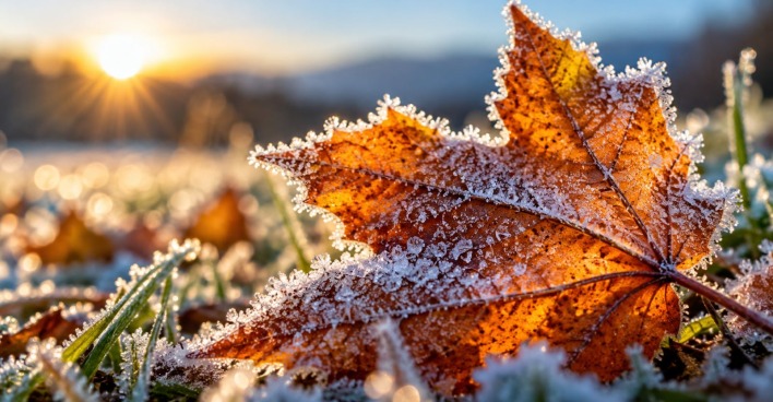 Mit Frost bedecktes Herbstblatt als Symbol für die Bauernregel zum Michaelistag und den nahenden Winter.