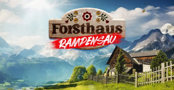 Logo von „Forsthaus Rampensau“ vor einer Bergkulisse. Dancing Star Herby Stanonik jubelt über den Einzug von Philisha und Shira.