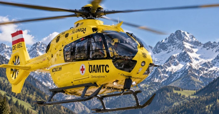 Rettungshubschrauber auf einem Rettungseinsatz in den Alpen