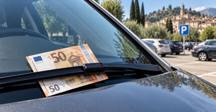 50-Euro-Schein unter dem Scheibenwischer eines geparkten Autos in Italien
