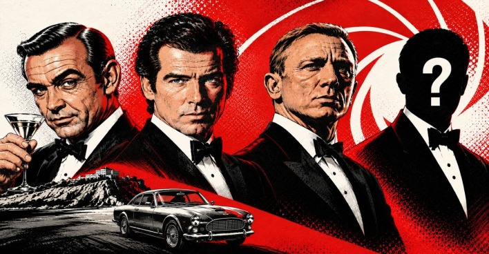 Sean Connery, Pierce Brosnan und Daniel Craig neben einer schwarzen Silhouette mit Fragezeichen als Symbol für den nächsten James Bond, Comic