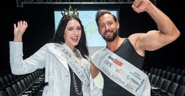 Miss Austria Lucia Sisic gemeinsam mit Mister Austria Christopher Dengg bei ihrer Wahl 2024