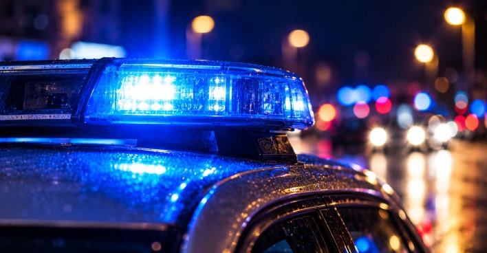 Blaulicht-Einsatz der Polizei bei Nacht auf einer Wiener Straße
