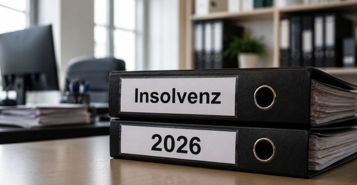 Mappen in einem Büro auf denen Insolvenz geschrieben steht