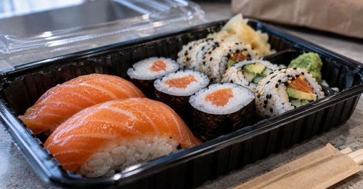 Sushi mit Lachs-Nigiri und Maki in einer Take-away-Box