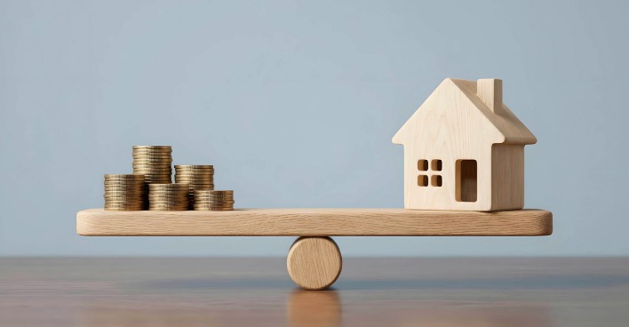 Miniaturhaus und Münzen auf der Waage | Credit: stock.adobe.com