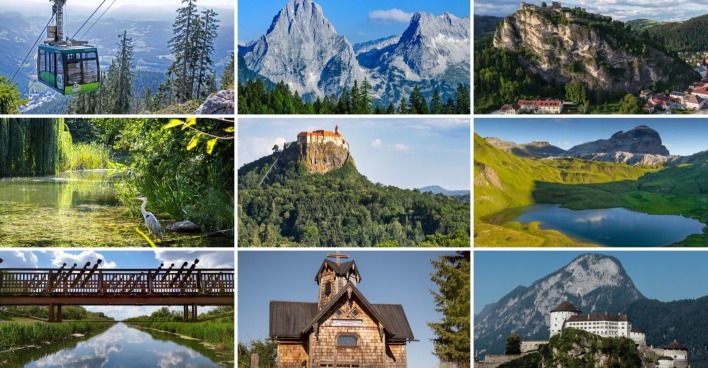 Bildcollage der neun Finalisten von 9 Plätze 9 Schätze 2026 mit Rax-Seilbahn, Tilisuna, Riegersburg und sechs weiteren Ausflugszielen aus Österreich.