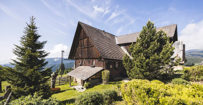 Außenansicht der Forsthaus-Rampensau-Hütte von ATV und Joyn in Kärnten, umgeben von grünen Wiesen, Tannen und einer Berglandschaft.