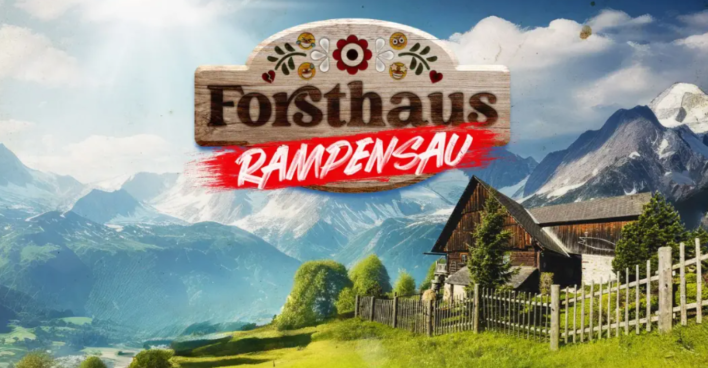 Forsthaus Rampensau 2026: Logo der ATV-Realityshow vor einer österreichischen Bergkulisse mit Forsthaus.