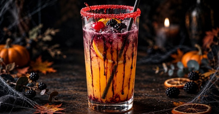 Ein schauriger Halloween-Cocktail im Longdrink-Glas mit rotem Zuckerrand und schichtendem Cassis-Effekt