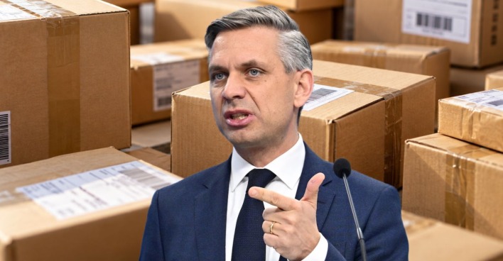Fotomontage von Wirtschaftsminister Wolfgang Hattmannsdorfer vor zahlreichen Versandpaketen. Er spricht über die Paketsteuer und mögliche neue Regeln für Lieferungen von Temu und Shein.
