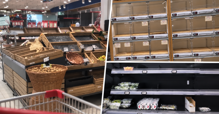 Leere Supermarktregale in Italien: Collage zeigt kaum gefüllte Obst- und Gemüsekisten sowie leere Verkaufsregale während der Streiks.