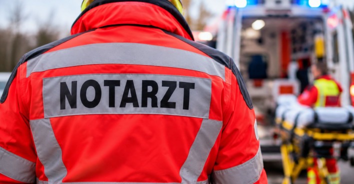 Notarzt in roter Einsatzjacke von hinten, im Hintergrund ein Rettungswagen und medizinische Ausrüstung.