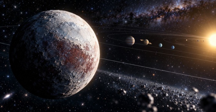 Künstlerische Darstellung des neu entdeckten Zwergplanet-Kandidaten 2026 ED138 am Rand unseres Sonnensystems.