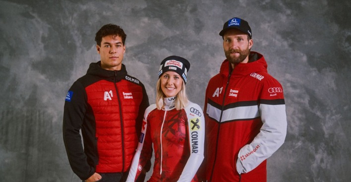 v.L. Lukas Feurstein, Conny Hütter und Marco Schwarz in der neuen Ski-Austria-Oberbekleidung und -Rennbekleidung von COLMAR