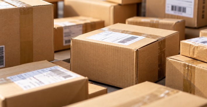 Mehrere Versandpakete aus Karton mit Versandetiketten. Die neue Paketsteuer in Österreich sorgt auch im stationären Handel für Kritik.