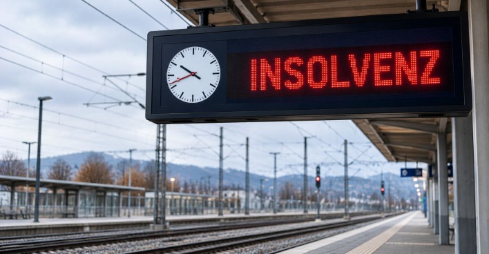 Bahngleise mit einer digitalen Fahrzeitanzeige und der Aufschrift Insolvenz