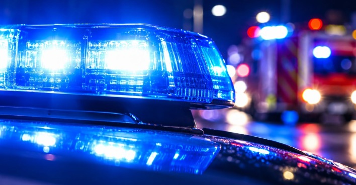 Blaulicht auf einem Einsatzfahrzeug bei Nacht, im Hintergrund ein Feuerwehrfahrzeug. Symbolbild zum Unfall in Wartberg ob der Aist auf der B124.