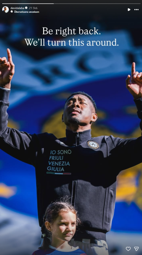 David Alaba meldet sich nach seiner Verletzung bei Udinese Calcio auf Instagram zu Wort. Der ÖFB-Kapitän zeigt sich mit erhobenen Armen und kündigt seine Rückkehr an.