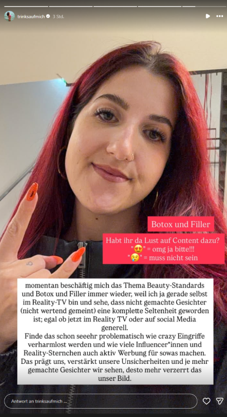 Forsthaus Rampensau-Kandidatin Julia, bekannt als trinksaufmich, spricht in ihrer Instagram-Story über Botox, Filler und Schönheitsideale im Reality-TV.