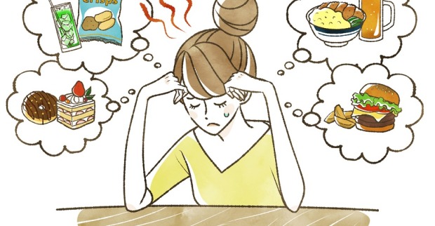 Comic: Eine junge Frau hat den Kopf auf die Hände gestützt und schaut verzweifelt. Um ihren Kopf vier Gedankenblasen mit Chips, Süßspeisen, Bier und Fastfood.