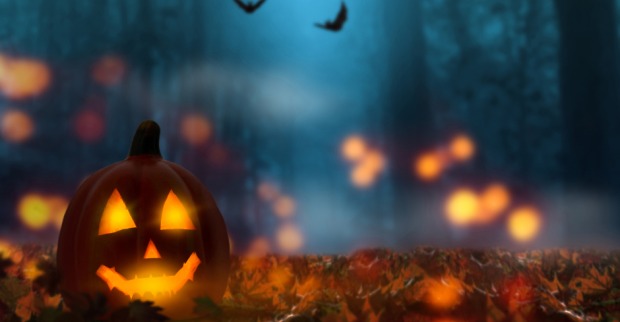 Halloween-Nacht im Wald mit einem geschnitzten, von innen beleuchtenden Kürbiskopf | Credit: iStock.com/winyuu