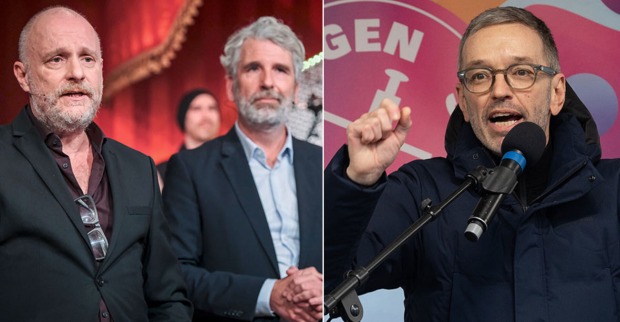 Zwei Bilder nebeneinander: Links Christoph Grissemann und Dirk Stermann am Set von Willkommen Österreich. Rechts Herbert Kickl, der eine Rede hält