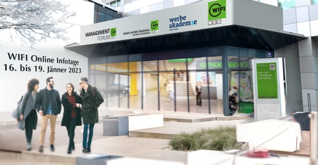 Fröhliche Kursteilnehmer vor einem Gebäude des WIFI Wien | Credit: Florian Wieser