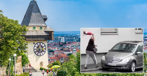 Montage Grazer Uhrturm im Hintergrund und Mann der mit einem Feuerlöscher auf ein Auto einschlägt