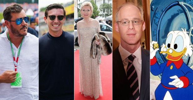 Collage: Rene Benko, Mark Mateschitz, Elisabeth-Maria Schaeffler, Georg Stumpf und Dagobert Duck