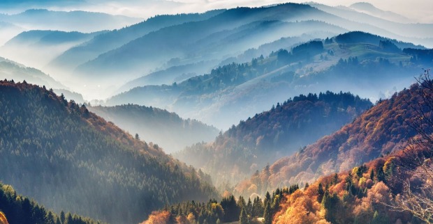 Nebel und Sonnenschein über Berge und Wälder