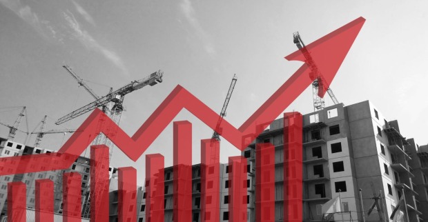 Baustelle und eine roter Pfeil, der nach oben zeigt.