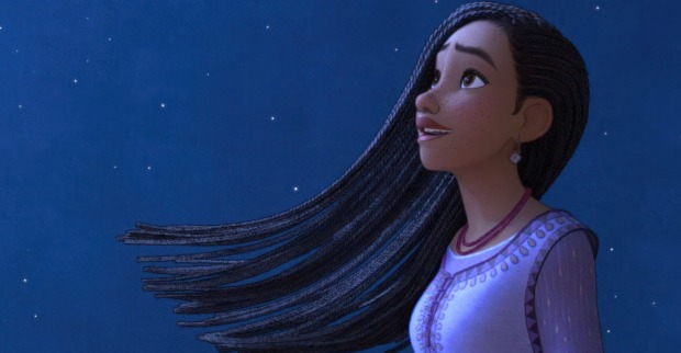 "WISH" ist ein Kinderfilm der eine animierte Person zeigt mit langen schwarzen Haaren, die in den Himmel blickt.