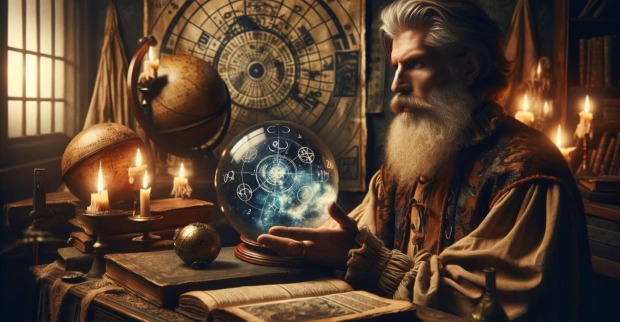 Computeranimation "Nostradamus schaut in die Zukunft": In einem anderen Jahrhundert schaut ein bärtiger Man schaut in eine Kristallkugel mit astrologischen Symbolen.