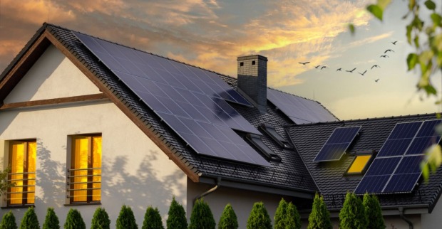 Es ist ein Haus zu sehen, dessen Dächer mit einigen Solarpanelen bedeckt ist und ein schöner blau sowie orange gefärbter Himmel.