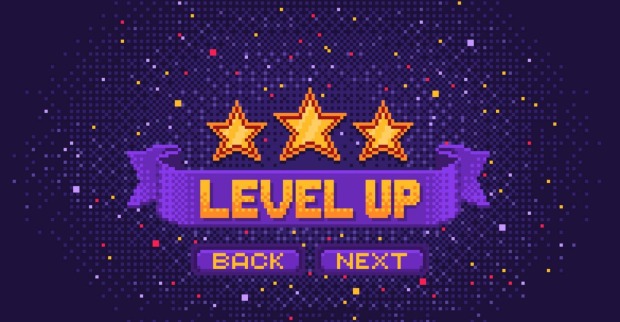 Pixelgrafik mit einem violetten Banner, auf dem in goldener Schrift "Level Up" steht. Darüber befinden sich drei goldene Sterne, die den erfolgreichen Abschluss eines Videospiel-Levels anzeigen.